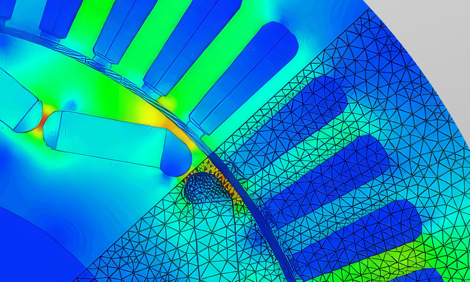 FEA simulation of an electric motor visualizing thermal distribution and mesh analysis.