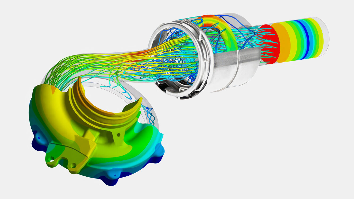 Computational fluid dynamics (CFD) analysis of turbocharger airflow with velocity streamlines.
